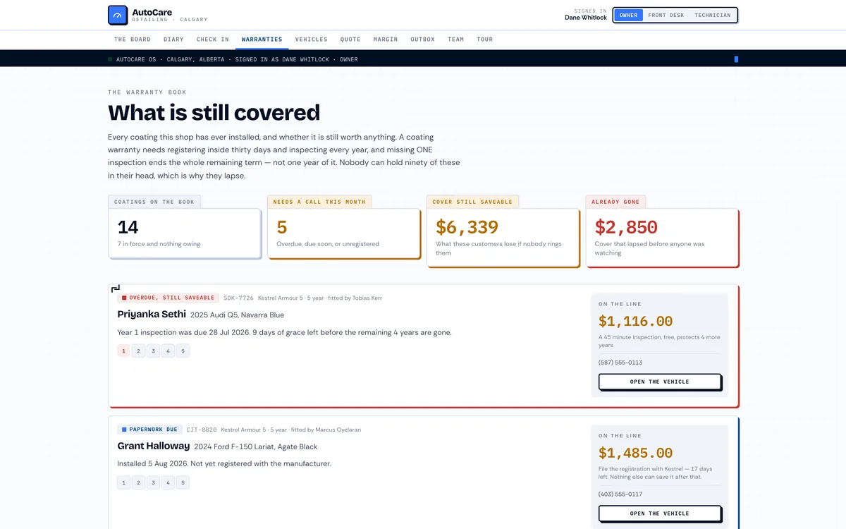 AutoCare OS — the bay board for a car detailing shop