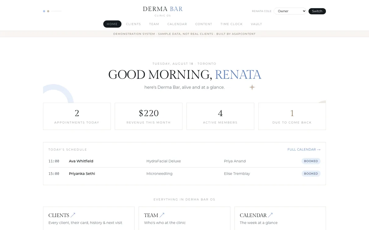 Derma Bar OS — the front desk system for a medical aesthetics clinic